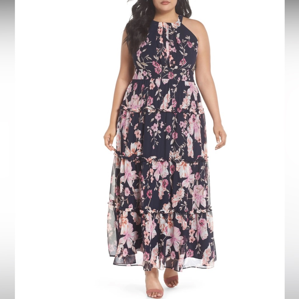 Eliza J Floral Ruffle Trim Chiffon Halter Maxi Dress